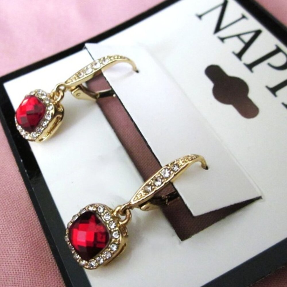 NAPIER Romantic Gold Square Shaped Red/Clear CZ Stone Halo Drop Earrings**NEW!